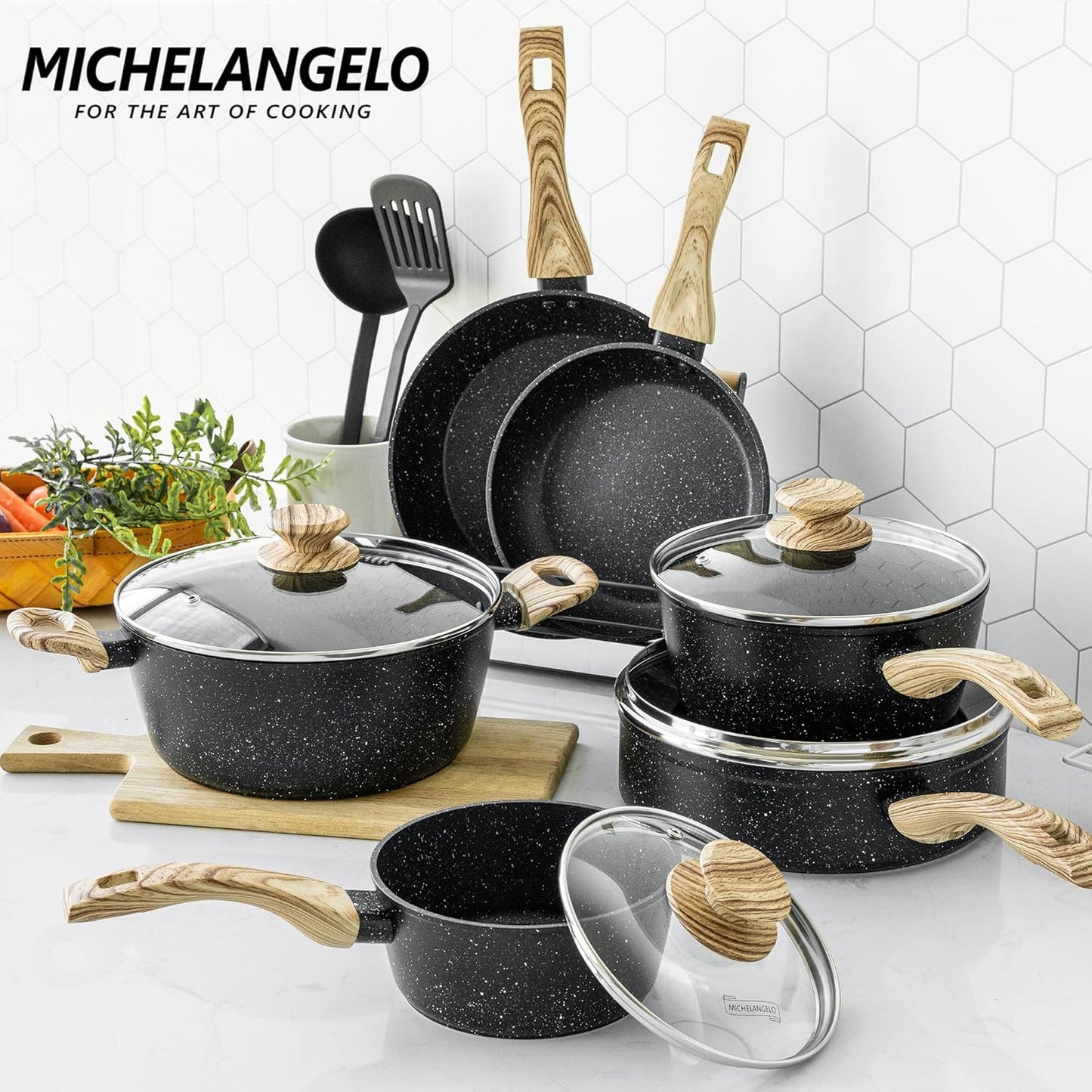 MICHELANGELO Pots and Pans Set Nonstick, Kitchen Cookware Sets with Black Granite Coating, Non Toxic Cookware Set Induction Compatible, 12 Pcs