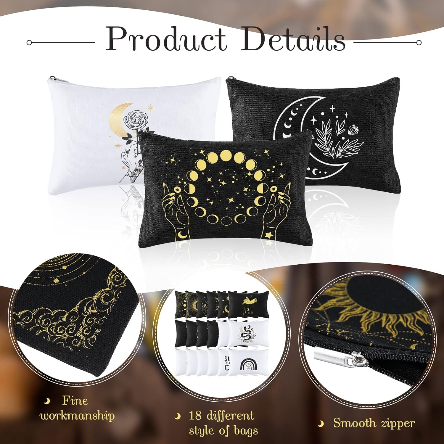 18 Pieces Moon Witch Zipper Pouch Bag Tarot Cards Phase Bag Witch Purse Gothic Aesthetic Canvas Makeup Bags Witchy Crystals Toiletry Bags Witchcraft Snake Cosmetic Bags for Women Girls
