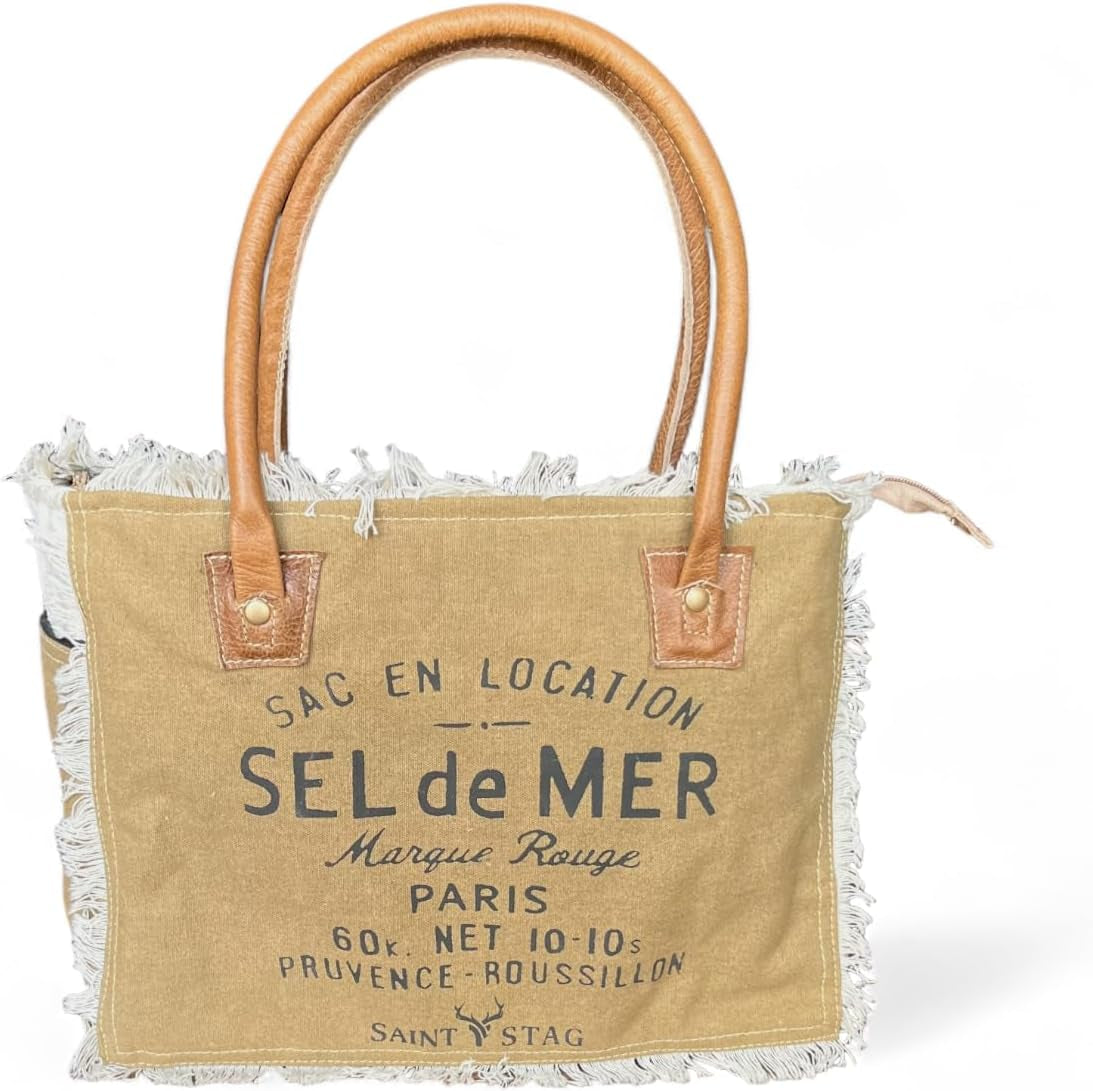 Upcycled Canvas Purses and Handbags, Upcycled Canvas Bags for Women, Handcrafted Sel De Mer Tote Bag, 13 Inches