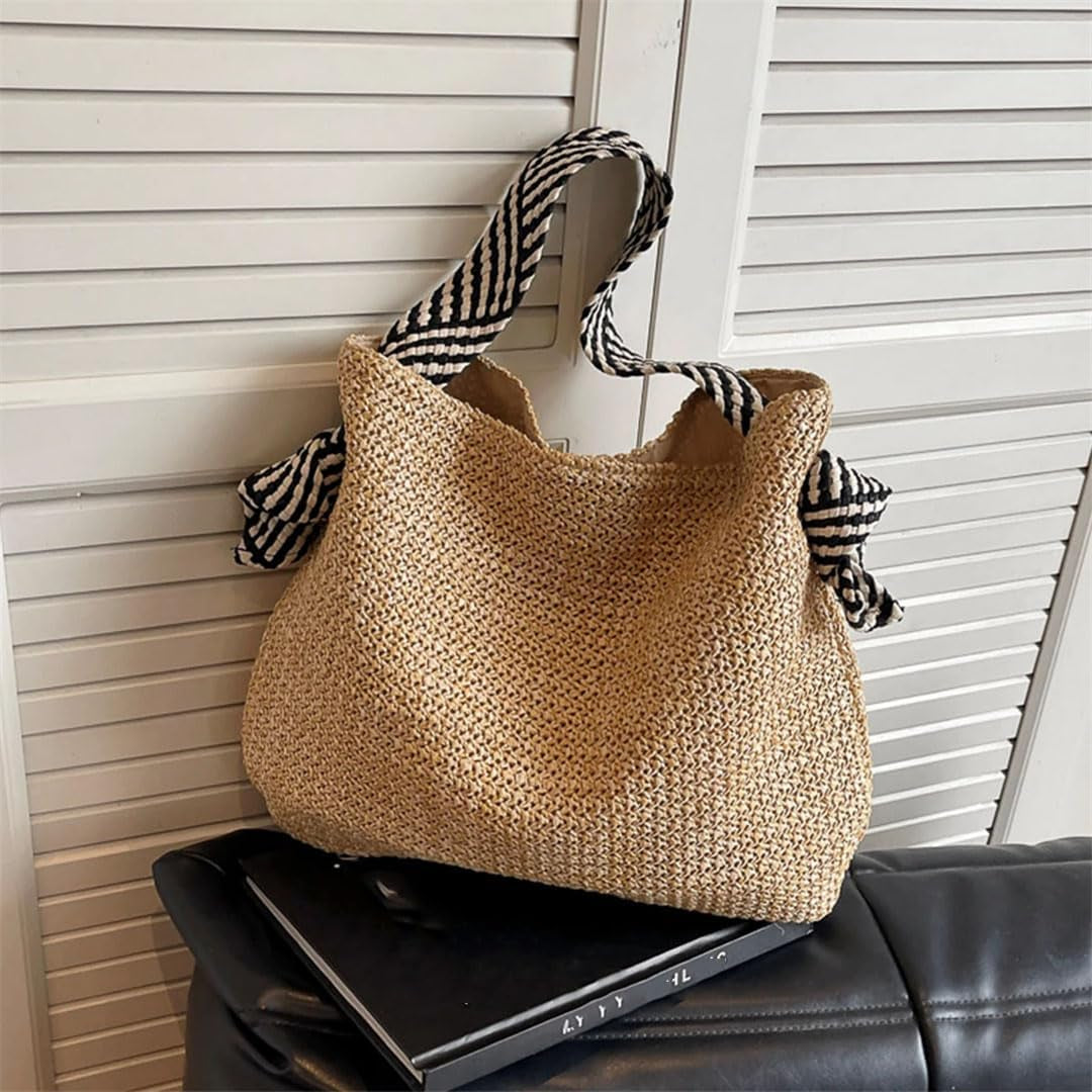 Women'S Casual Woven Straw Beach Tote Bag Lightweight Large Capacity Magnetic Closure Black White Striped Strap