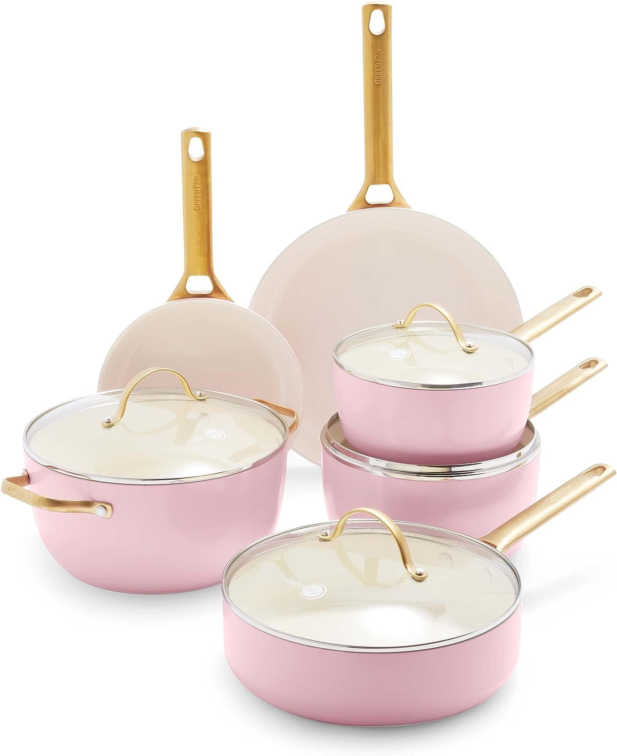 Greenpan Reserve Hard Anodized Healthy Ceramic Nonstick 10 Piece Cookware Pots and Pans Set, Gold Handle, Pfas-Free, Dishwasher Safe, Oven Safe, Blush Pink