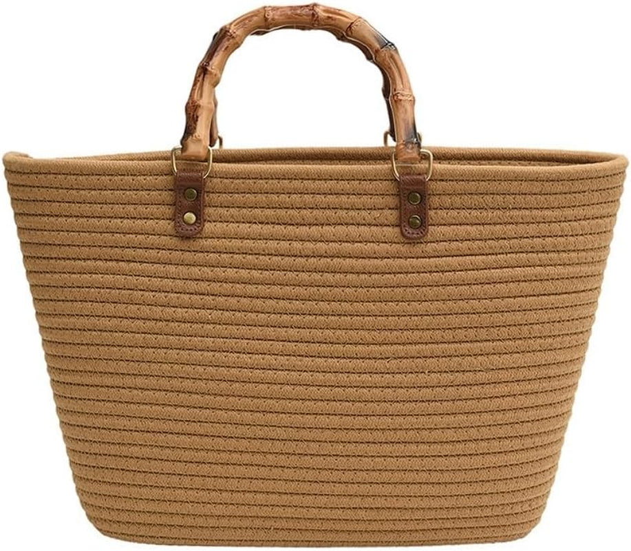 Women'S Tote Bag with Bamboo-Inspired Resin Handles Large Straw Tote Bag Woven Handbag Shoulder Bag for Vacation