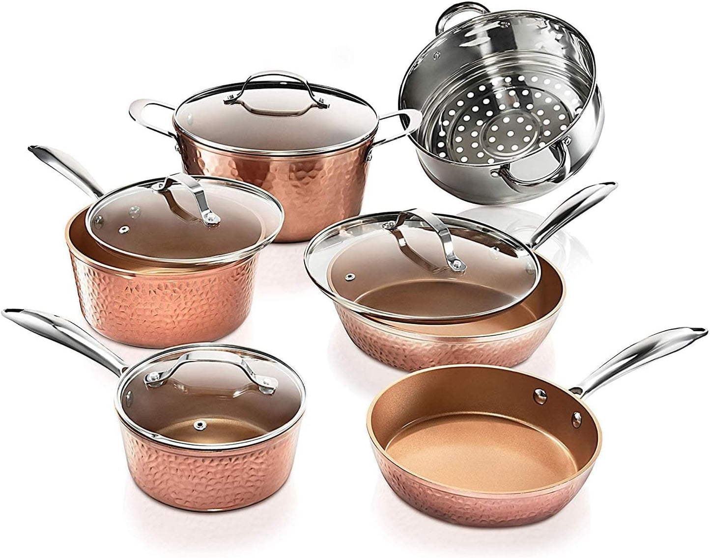 Gotham Steel Hammered Copper 10 Pc Pots and Pans Set Non Stick Cookware Set, Non Toxic Ceramic Cookware Set, Kitchen Cookware Sets with Induction Cookware, Pot and Pan Set, Oven/Dishwasher Safe