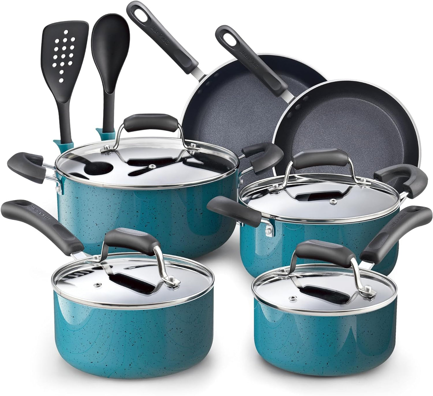 Cook N Home Pots and Pans Nonstick Cookware Set 12-Piece, Kitchen Cooking Set with Frying Pans and Saucepans, Induction Compatible, Turquoise