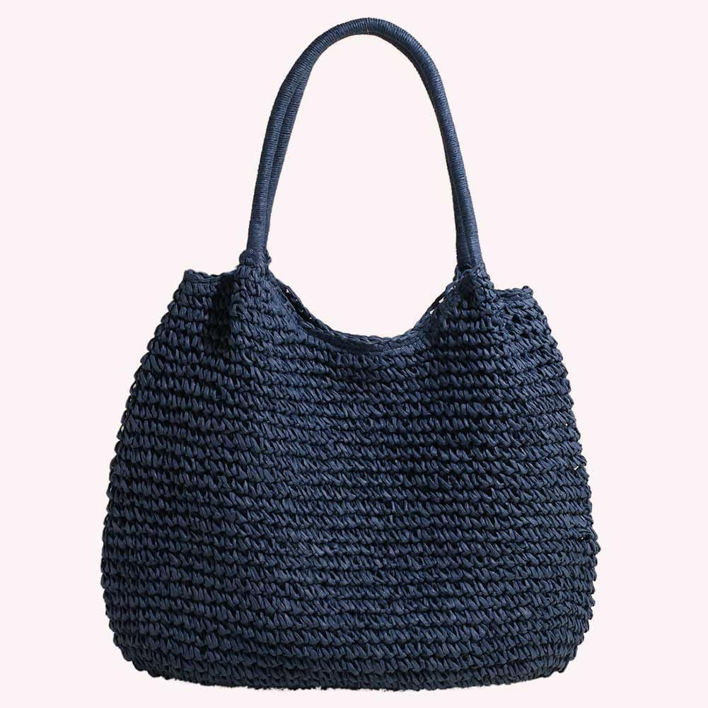 Women Straw Vintage Shoulder Tote Handbag Large Capacity Crochet Beach Travel Tote Handbag Hasp Closure Simple Weaving