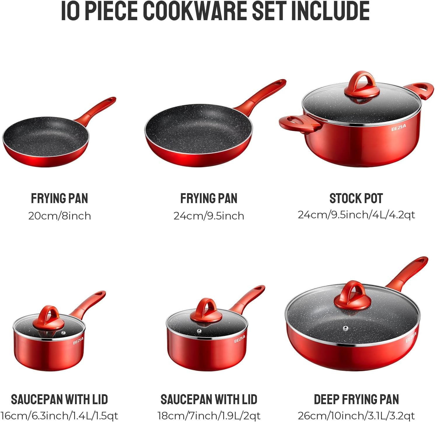 Induction Cookware Pots and Pans Set 10 Piece, BEZIA Dishwasher Safe Nonstick Cooking Pans Sets, Stay-Cool Bakelite Handle, Scratch Resistant Kitchen Sets with Frying Pans, Saucepans & Stockpot