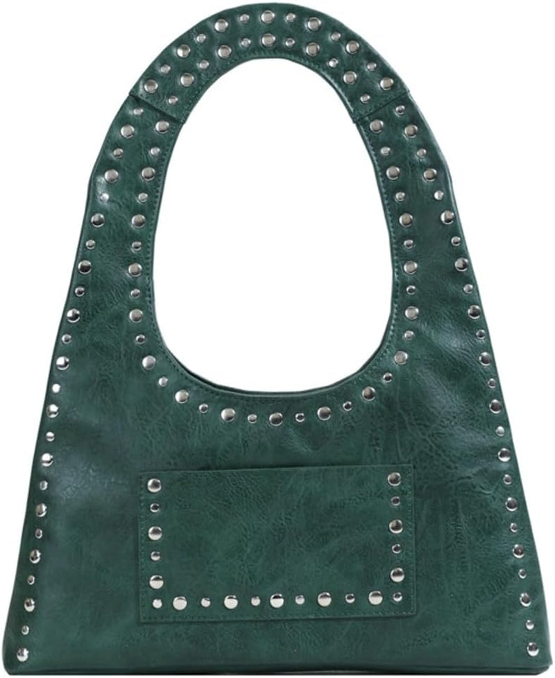 Y2K Crescent Hobo Bags Women 90S Trendy Studded Shoulder Satchels Crossbody Purse PU Leather Punk Underarm Tote Handbag