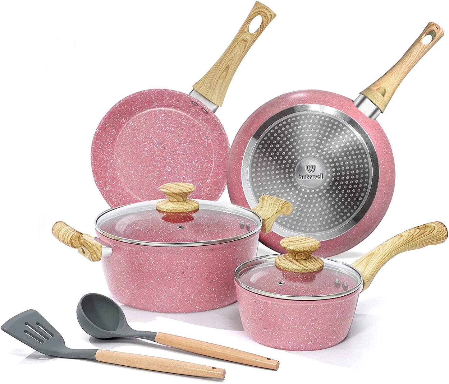 Pots and Pans Set, 8 Pieces Non Stick Cookware Set, Pink Granite Stone Nonstick Cookware Set, Induction Kitchen Cookware Sets, Cooking Set W/Frying Pan, Saucepan, Casserole, PFOA Free