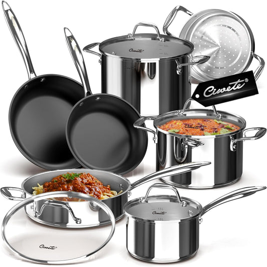 Stainless Steel Nonstick Pots and Pans Set - 11PC, 18/10 Triple Ply Stainless Steel Induction Cookware Set, Kitchen Cookware Sets with Steamer Insert/Stay-Cool Handles, Dishwasher Safe