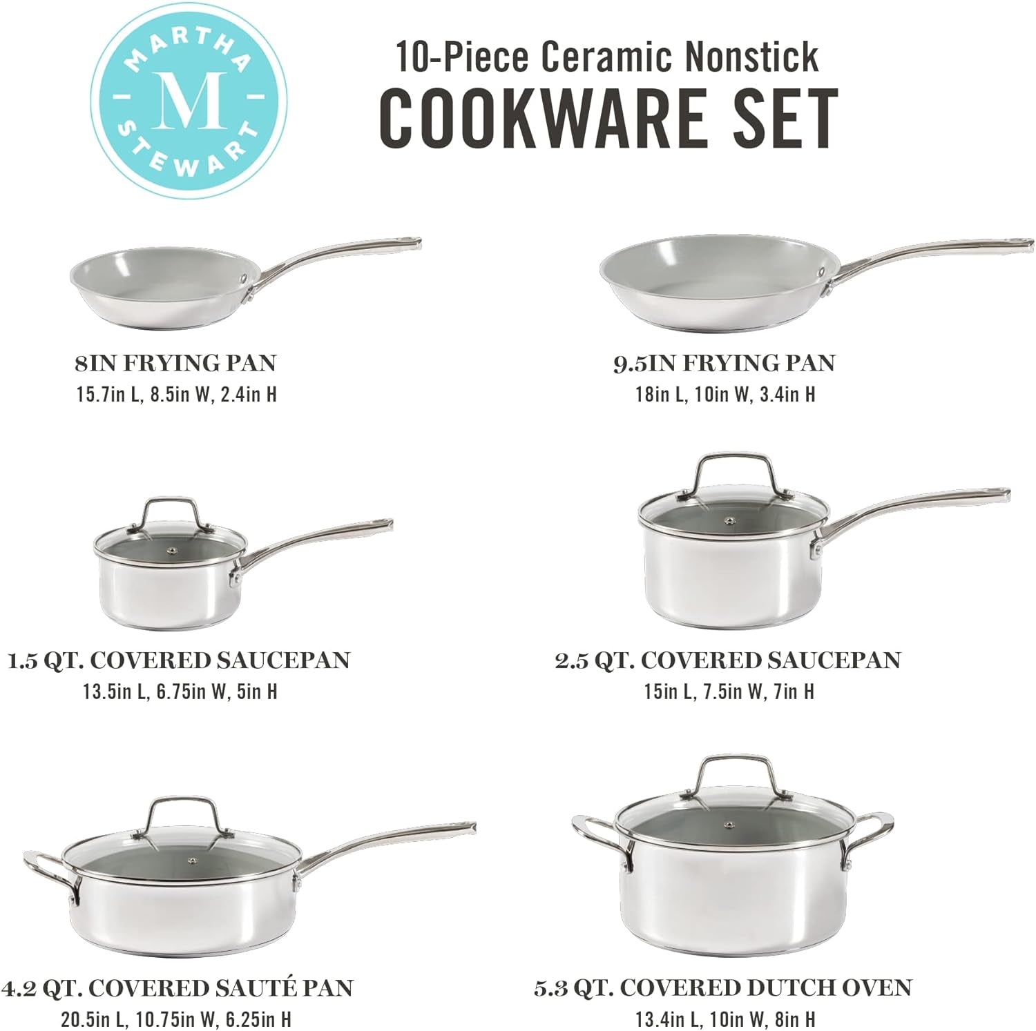 Martha Stewart Delaroux 10 Piece Stainless Steel Cookware Set W/Pfas Free Premium Nonstick Ceramic Interior