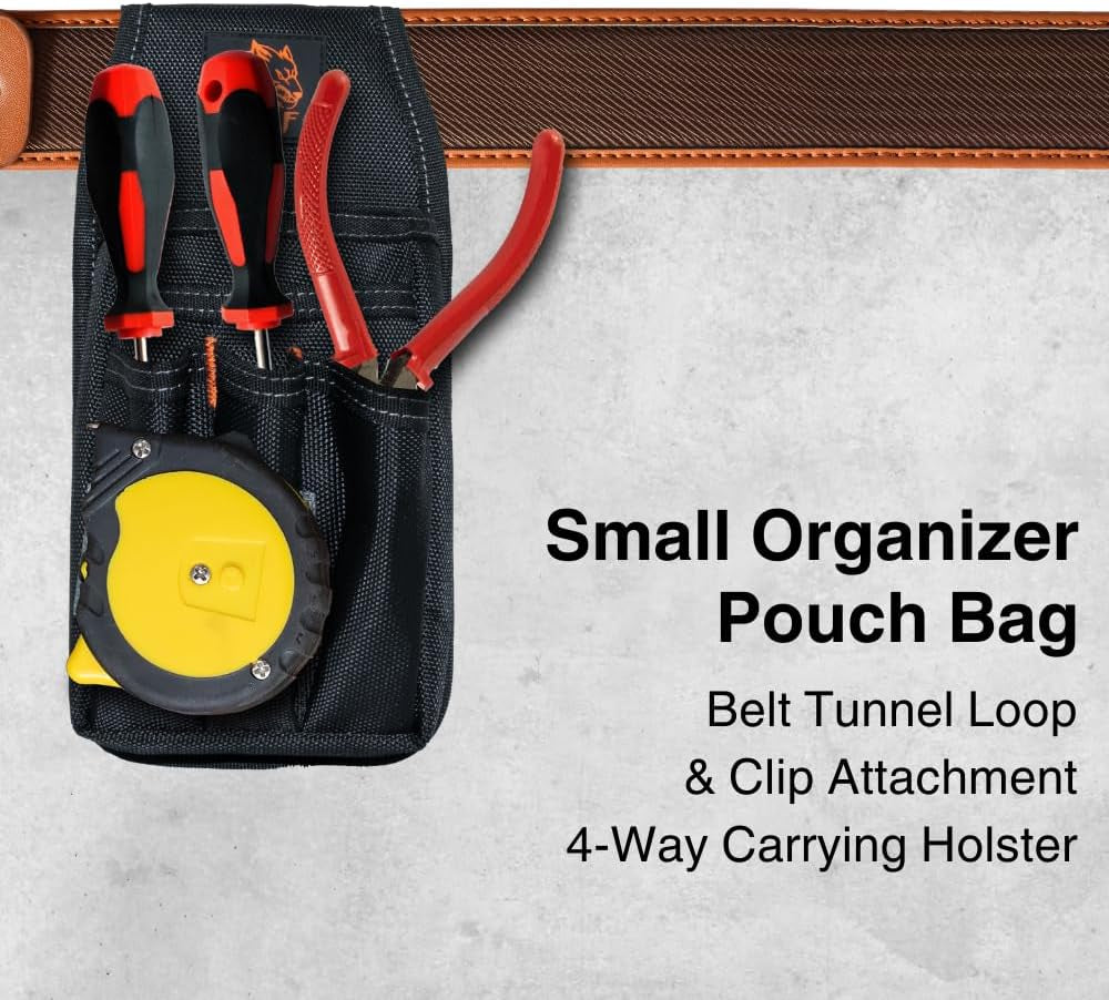 WOLF Heavy-Duty Ballistic Small Organizer Tool Pouch Bag | 3’’ Belt Tunnel Loop & Clip | Durable Lightweight Tool Belt Carrying Holster | Contractors Electricians Maintenance Handyman