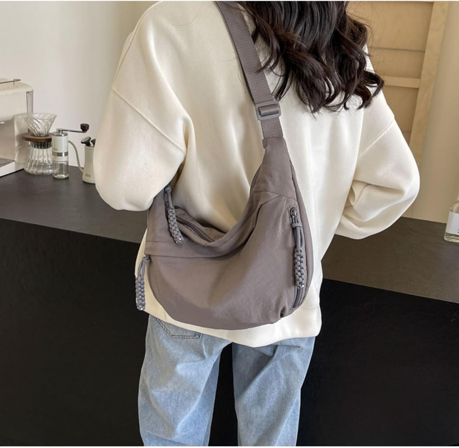 Nylon Corduroy Crossbody Bag Braided Zip Multi-Pocket Crescent Women Men Shoulder Bag Sling Hobo Dumpling Bag