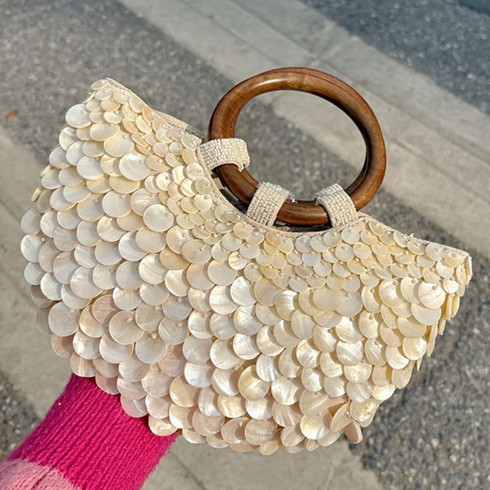 Summer Shell Purse Pearl Beaded Bag Sequin Clutch Purses for Women Handmade Evening Bag for Beach Wedding Party Vacation