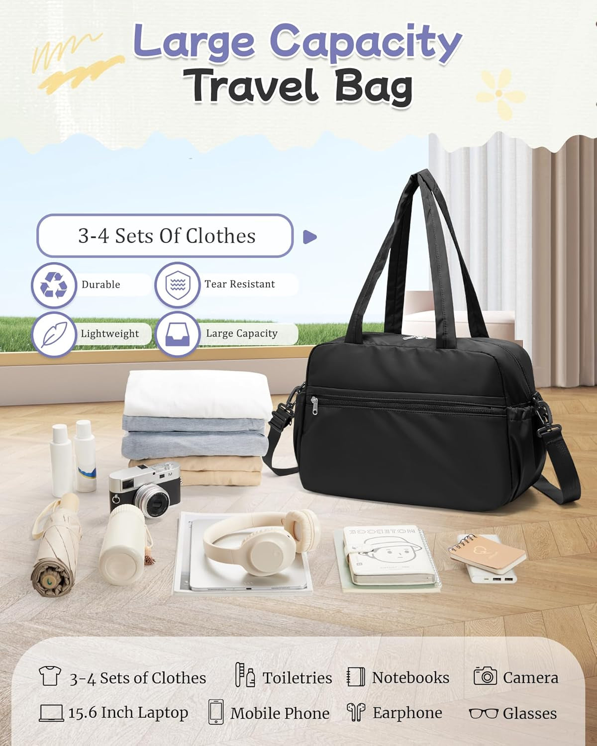 Small Black Gym Duffle Bag for Women Men, Waterproof Weekender Handbag Carry on Travel Bag for Airplane, Sports Yoga Tote Bag with Dry Wet Pocket