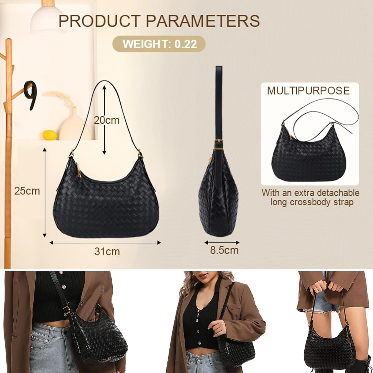 Shoulder Handbags for Women Crossbody Woven Leather Tote Shoulder Bag Purse Hobo Lightweight with Zipper Adjustable Strap