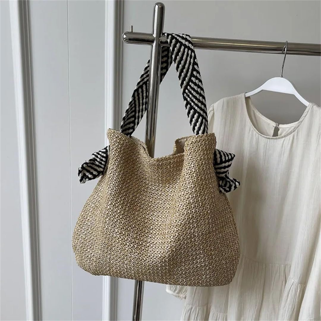 Women'S Casual Woven Straw Beach Tote Bag Lightweight Large Capacity Magnetic Closure Black White Striped Strap