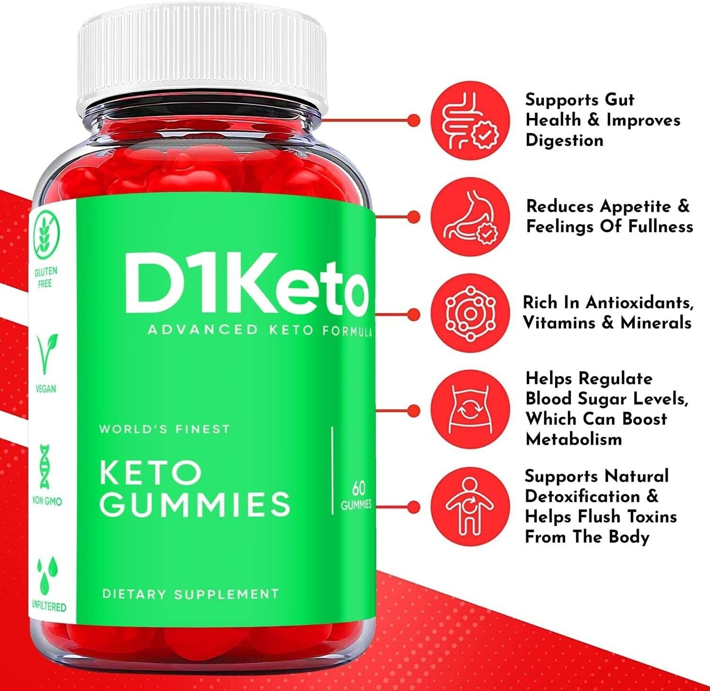 (1 Pack) D1 Keto Gummies - D1 Keto ACV Gummies Weight Loss, Vegan - 60 Gummies