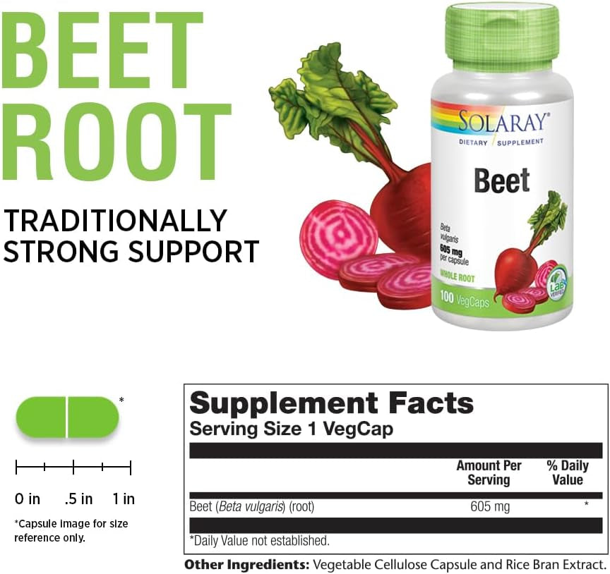 SOLARAY Beet Root 605Mg | May Support Cardiovascular Health & Athletic Performance, Kidney, Liver & Blood Health | Non-Gmo | Vegan | 100 Vegcaps