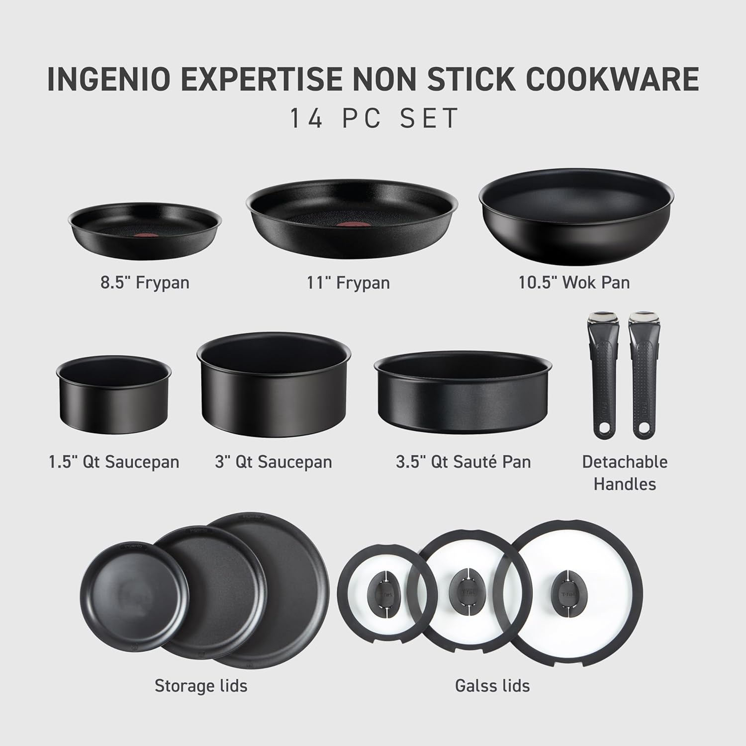 T-Fal Ingenio Expertise Non Stick Cookware Set 14 Piece, Induction Oven Broiler Safe 500F, Detachable/ Removable Handle, Kitchen, Pots and Pans, RV, Camping, Fry Pans, Saucepans, Dishwasher Safe Black