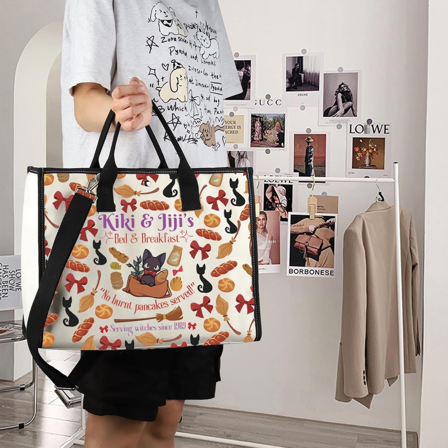 FOTAP Kiki'S Anime Lover Gift Kiki&Jiji’S Bed and Breakfast Inspire Tote Bag Black Cat Lover Handbag Animated Movie Gift