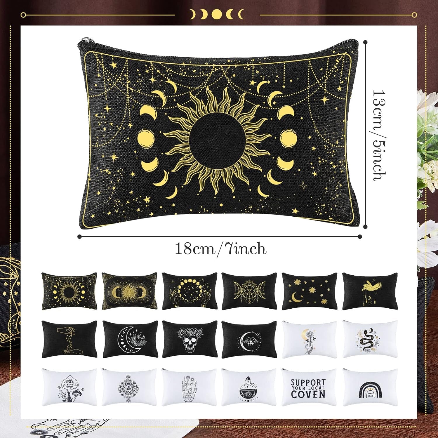 18 Pieces Moon Witch Zipper Pouch Bag Tarot Cards Phase Bag Witch Purse Gothic Aesthetic Canvas Makeup Bags Witchy Crystals Toiletry Bags Witchcraft Snake Cosmetic Bags for Women Girls