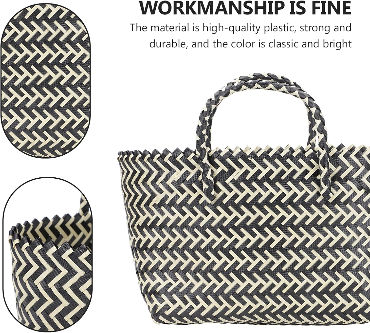 1Pc Urban Handwoven Striped Bag for Women Large Capacity Casual Tote Fashionable Plastic Shopping Bag Lightweight Woven Design for Daily Use