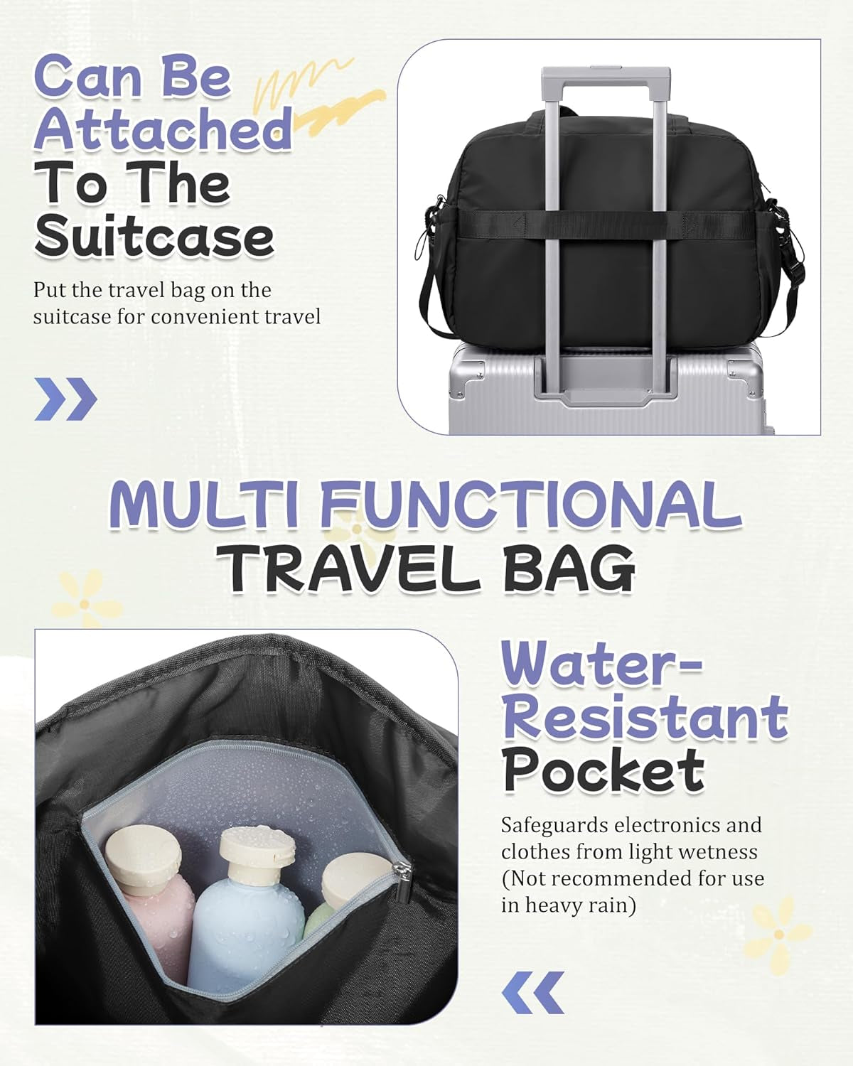 Small Black Gym Duffle Bag for Women Men, Waterproof Weekender Handbag Carry on Travel Bag for Airplane, Sports Yoga Tote Bag with Dry Wet Pocket