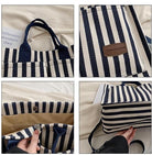 Canvas Tote Bag with Multi Pockets Women Stripe Crossbody Tote Bag Casual Purse Handbag Shoulder Bag for Work College Travel