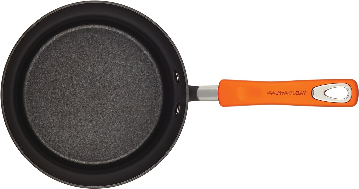 Rachael Ray Brights Hard-Anodized Aluminum Nonstick Cookware Set with Glass Lids, 10-Piece Pot and Pan Set, Gray with Orange Handles