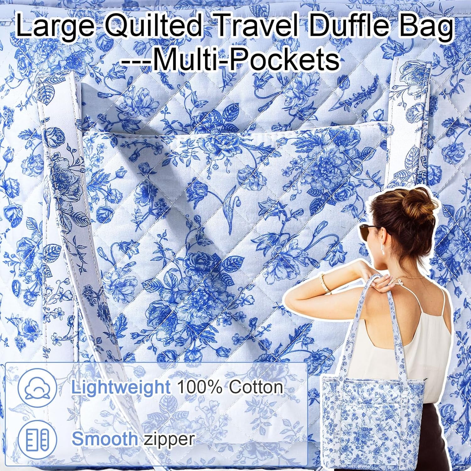 Large Floral Quilted Tote Bag for Women Cotton Quilted Shoulder Purse with Zipper Pocket for Work Travel Lunch, 12 X 15 Inches