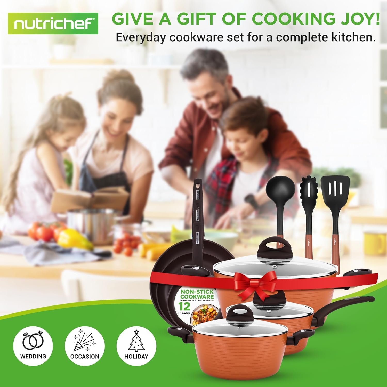 Nutrichef Professional 12-Piece Brown Nonstick Cookware - Pfoa/Pfos-Free, Heat Resistant Lacquer, Elegant Design, Multi-Sized Pots and Pans