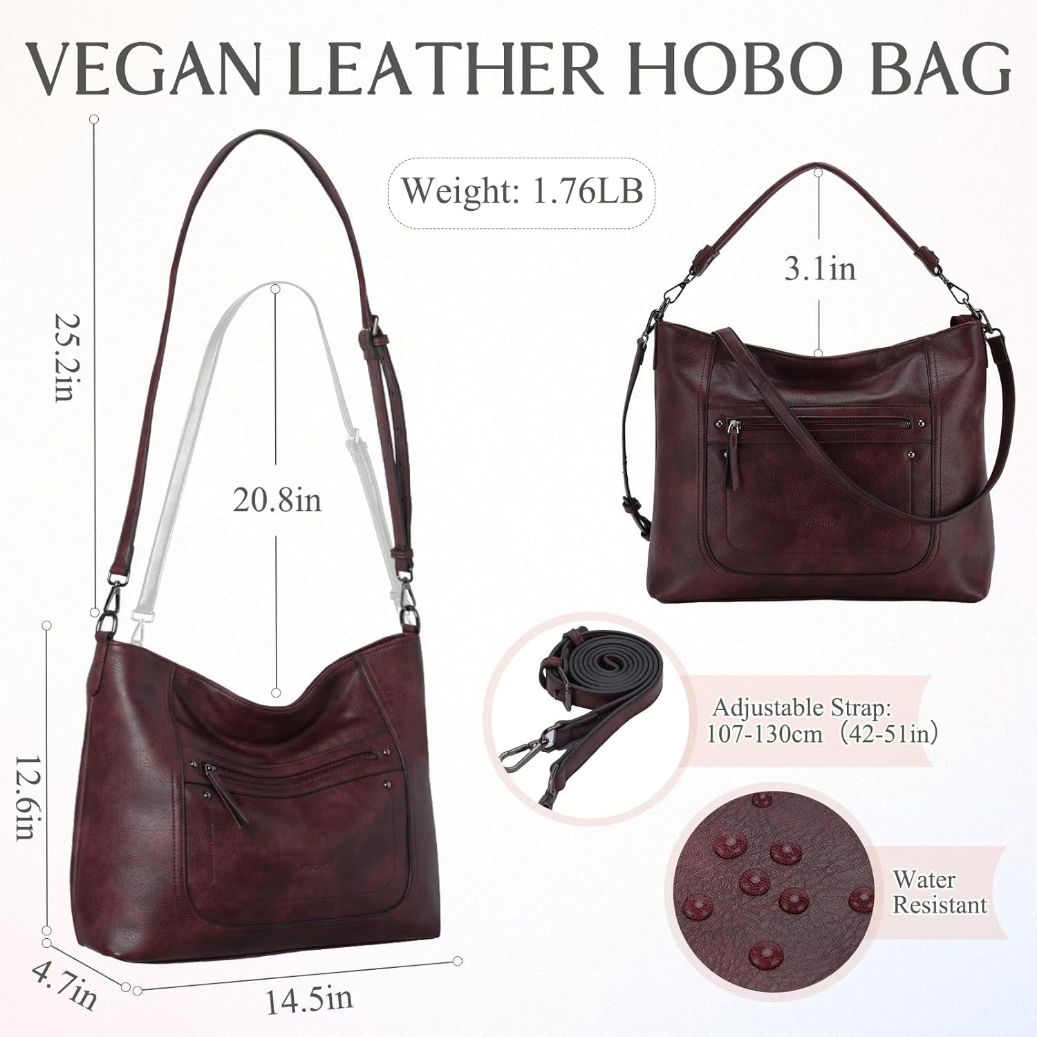 VASCHY Hobo Bags for Women, Vegan Leather Large Handbag Tote Slouchy Shoulder Bag Purse W Convertible Crossbody Strap