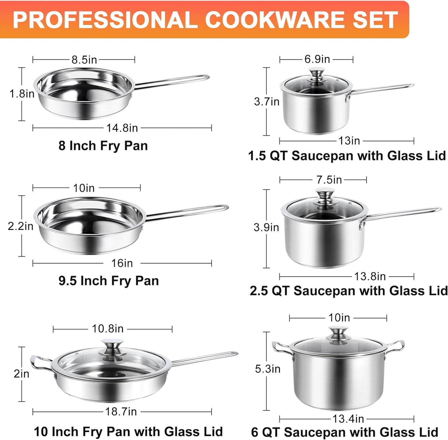 10-Piece Pots and Pans Set Stainless Steel Kitchen Cookware Sets Classic Cooking Set, Induction Pots and Pans with Lids, Frying Pans & Saucepan Compatible with All Cooktops(Gas, Electric & Induction)