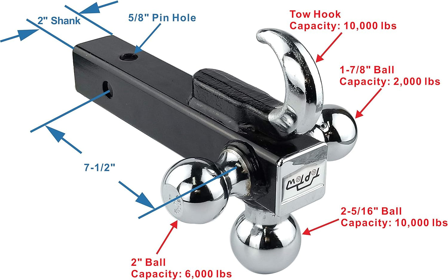 TOPTOW 64180L Trailer Receiver Hitch Triple Ball Mount with Hook, Fits for 50.8