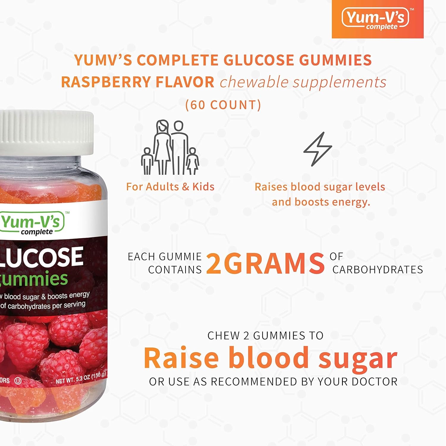 Yumvs Complete Glucose Gummies, Orange Flavor, (60 Ct); Chewable Nutritional Supplement for Men and Women, Vegan, Gluten Free, Kosher, Halal