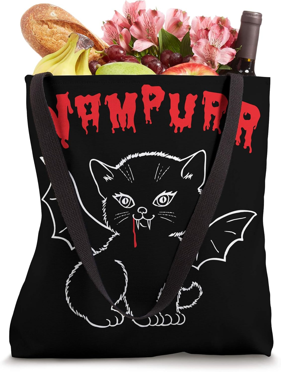 Vampire Kitten Vampurr with Bat Wings, Fangs and Blood Drip Tote Bag