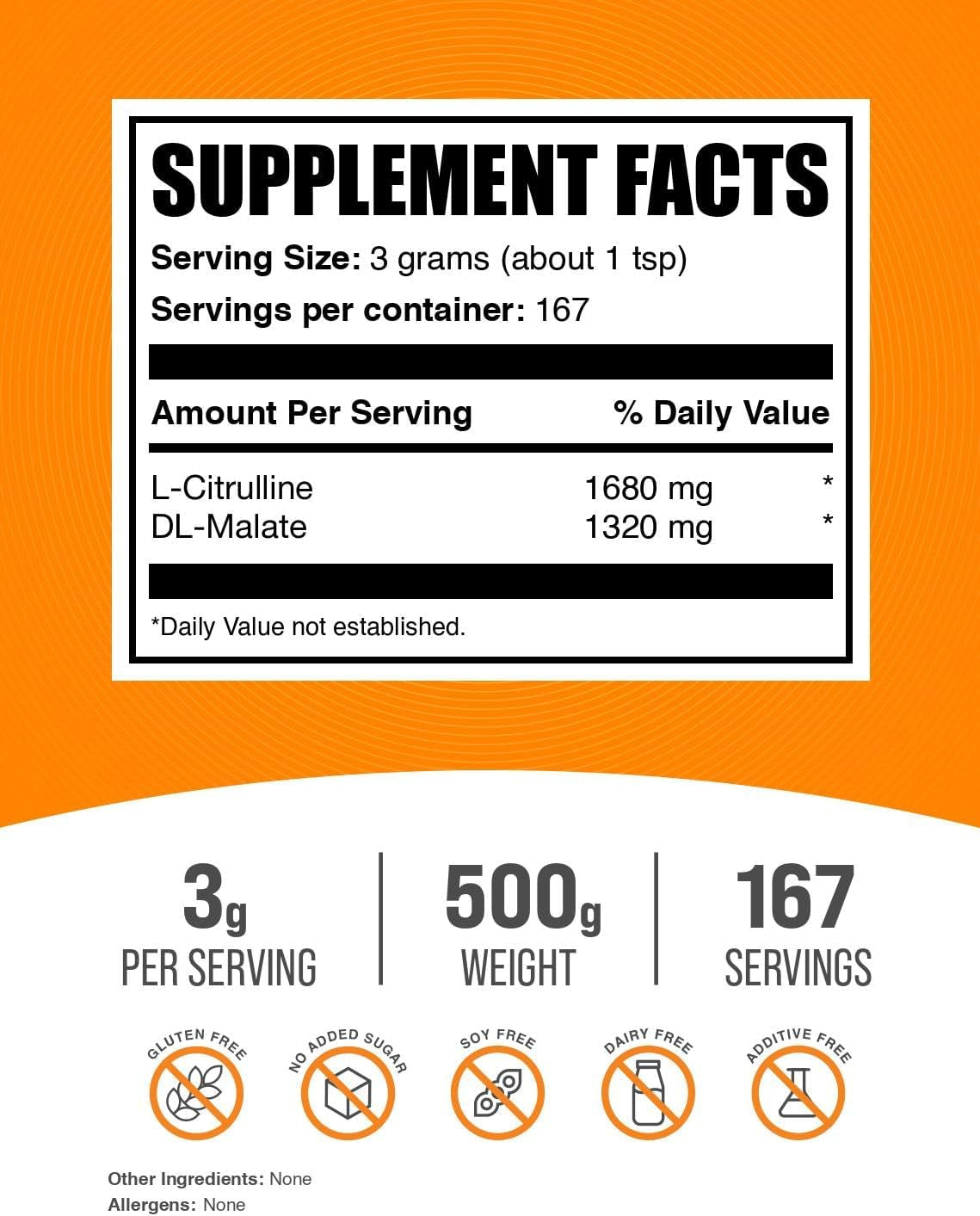 Bulksupplements.Com L-Citrulline Malate 1:1 Powder - Citrulline Powder, Amino Acid Supplement - Unflavored & Gluten Free - 3G per Servings, 500G (1.1 Lbs) (Pack of 1)