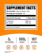 Bulksupplements.Com L-Citrulline Malate 1:1 Powder - Citrulline Powder, Amino Acid Supplement - Unflavored & Gluten Free - 3G per Servings, 500G (1.1 Lbs) (Pack of 1)