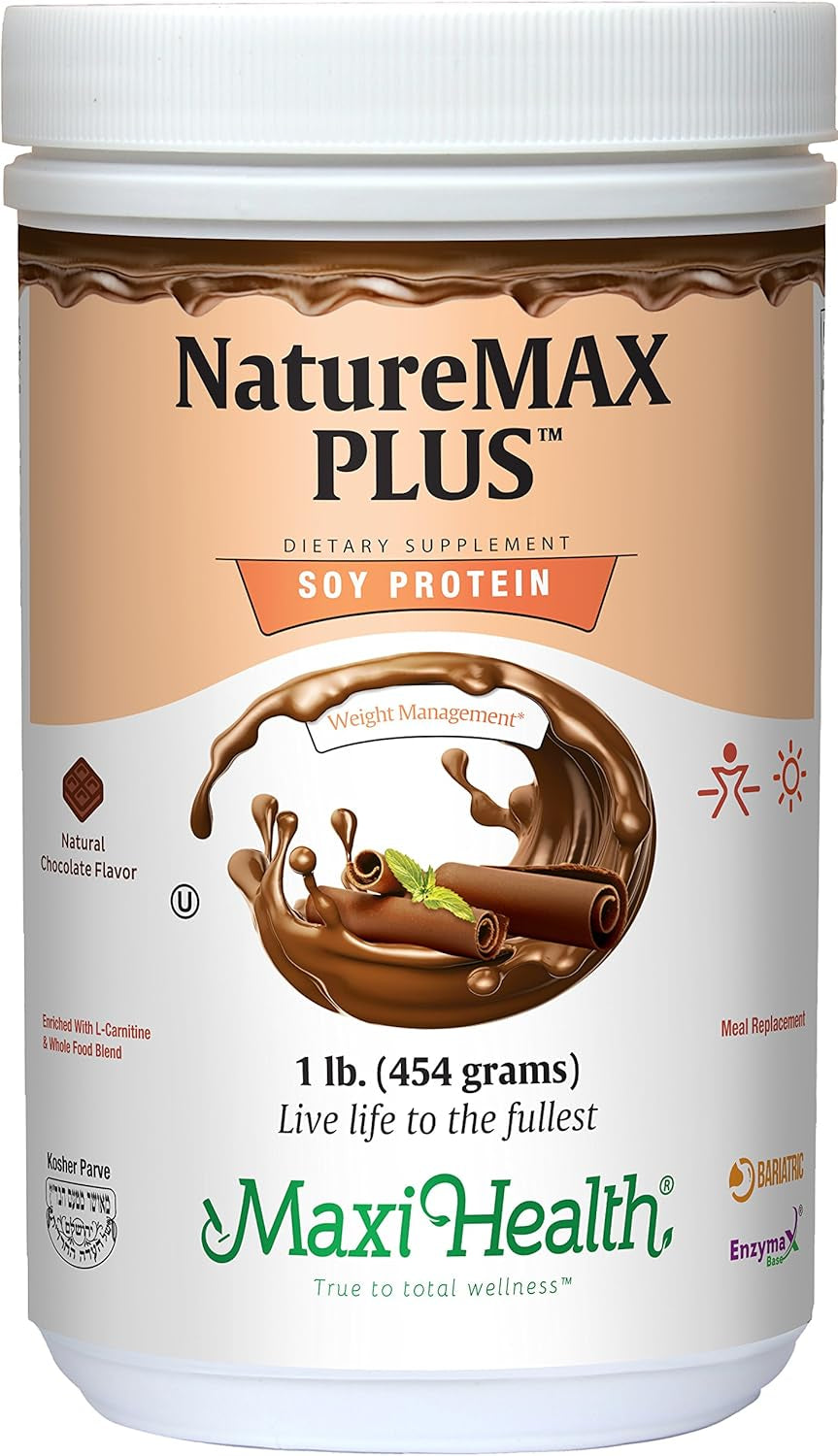 Maxi-Health Naturemax plus Energy Support Drink Soy Protein Powder - Sugar Free Diet Supplement - 20G Protein per Serving - Natural Chocolate Flavor - Kosher Vitamin - 1Lb