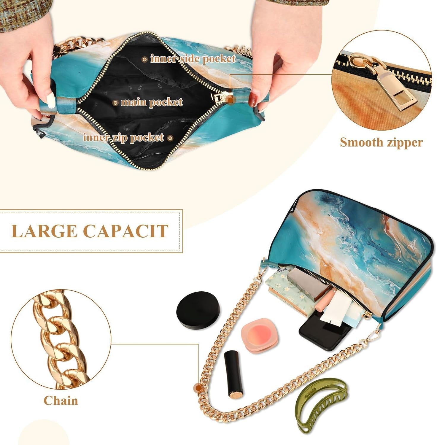 Shoulder Bags for Women Teal Green Turquoise Orange Marble Hobo Tote Handbag Small Clutch Purse with Zipper Closure