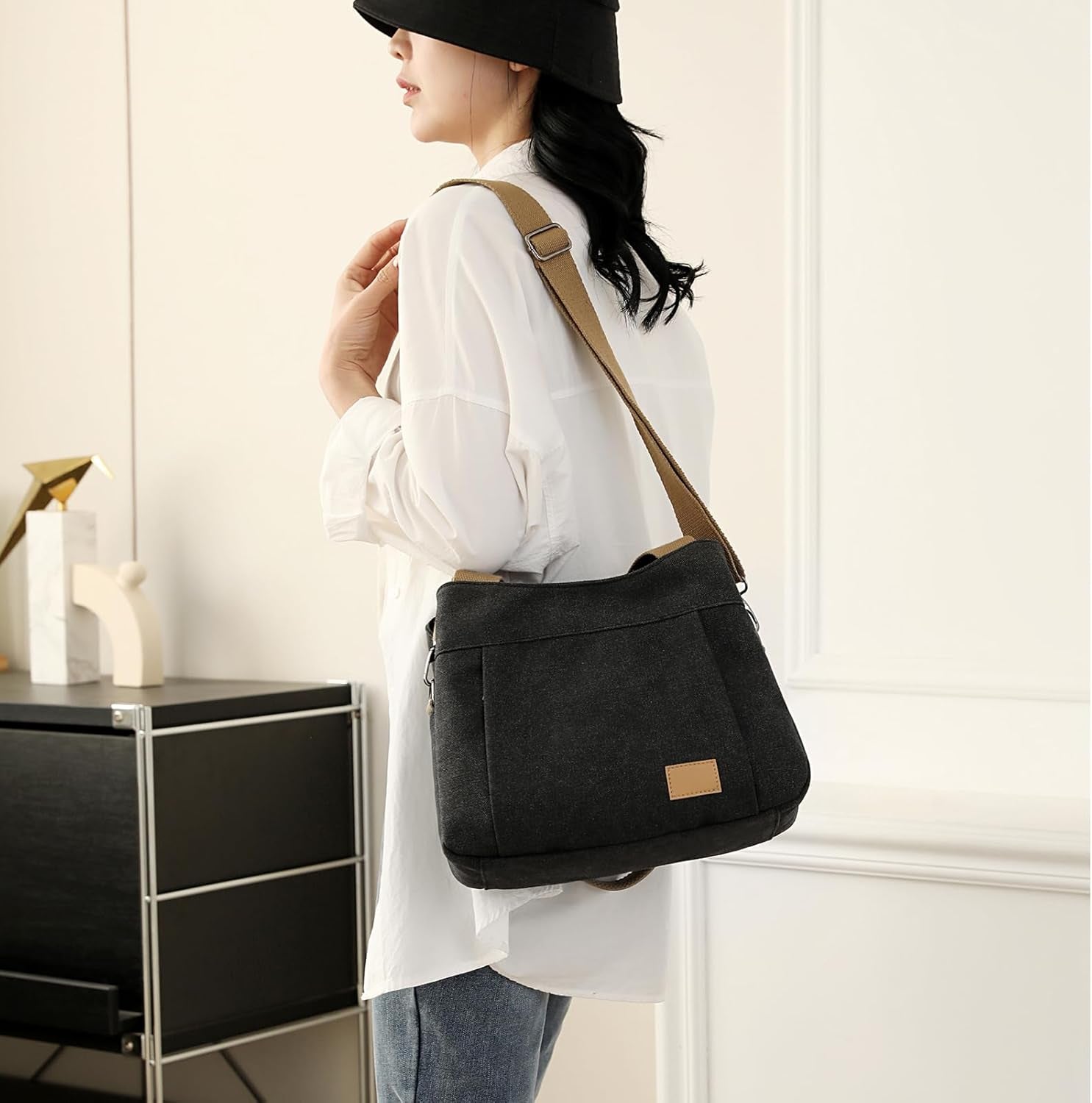 DOURR Light Cotton Canvas Crossbody Bags for Women Daily Small Organized Shoulder Handbags with 3 Compartments
