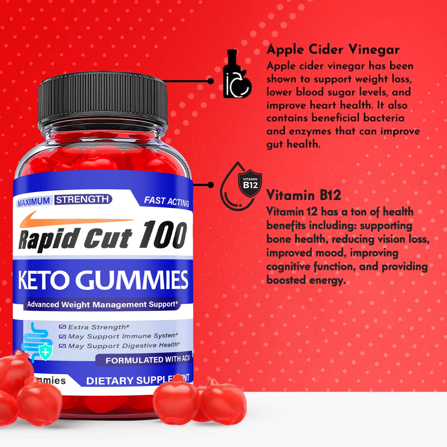 (1 Pack) Rapid Cut 100 Keto ACV Gummies - Vegan Weight Loss Supplement-60 Gums