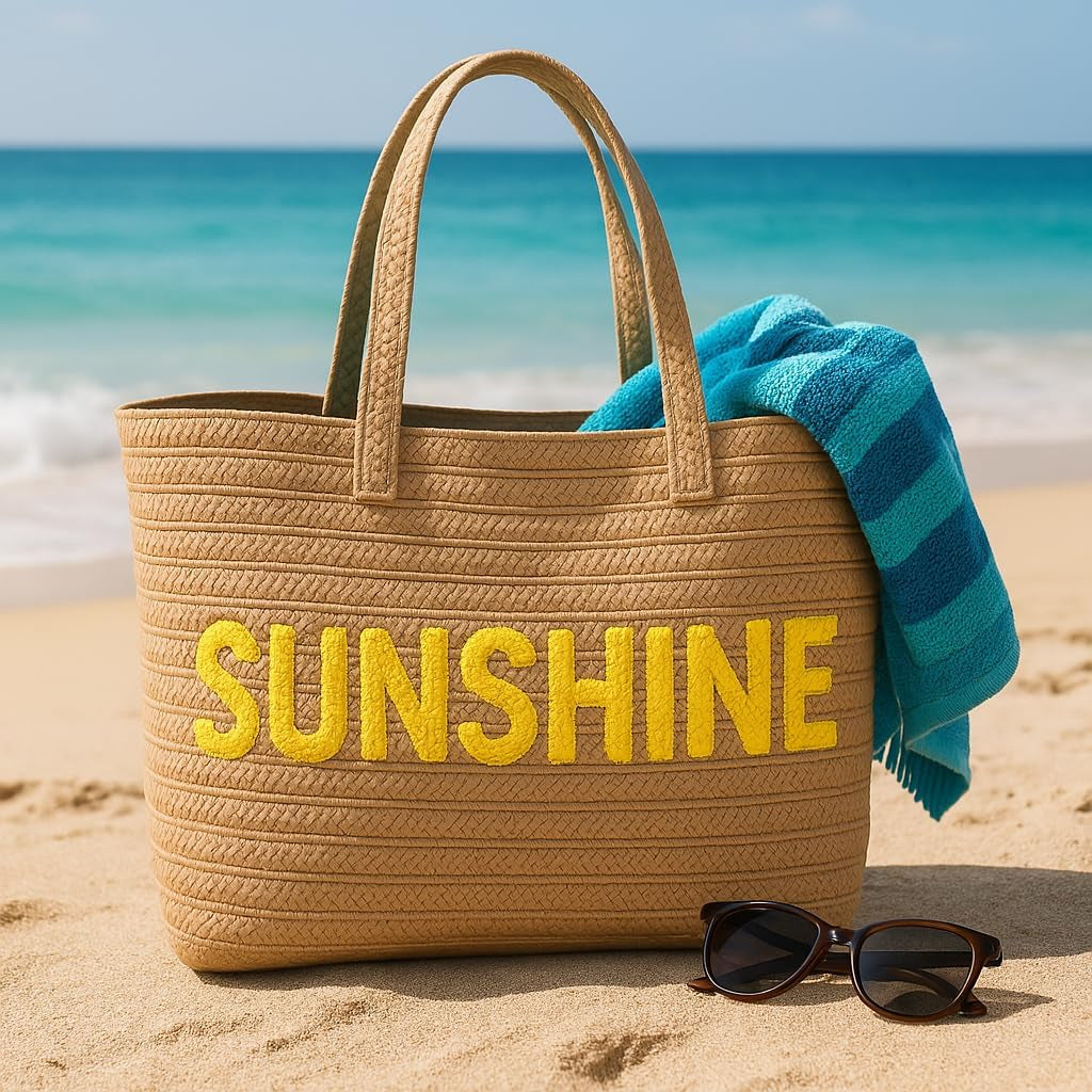 23" Over-Sized Straw Tote - ESCAPE Embroidered Double Handle Weekend Beach Bag