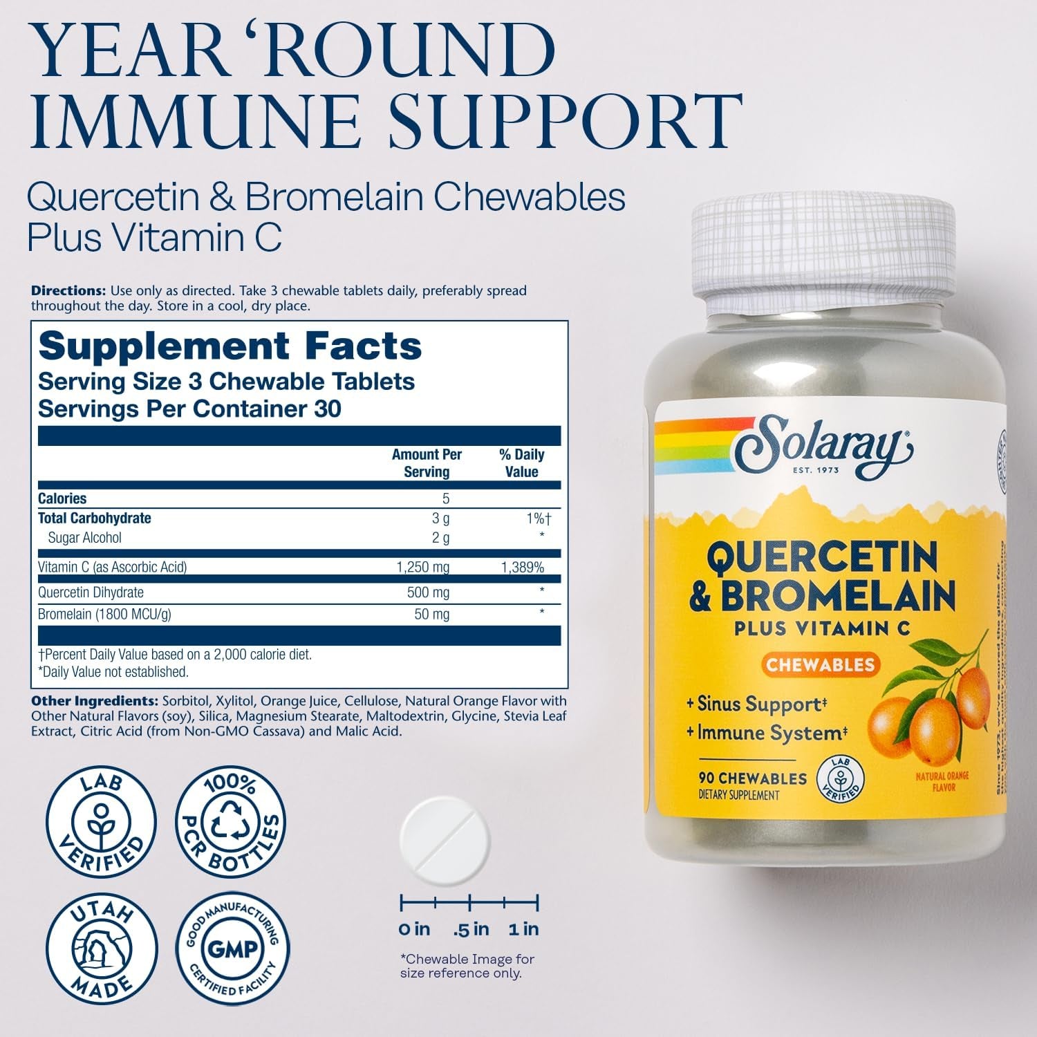 SOLARAY Quercetin with Bromelain and Vitamin C Chewables - Immune Support Supplement - Immune Defense and Heart Health Complex with 1250Mg Vit C, Natural Orange Flavor, 60-Day Guarantee, 30 Serv, 90Ct