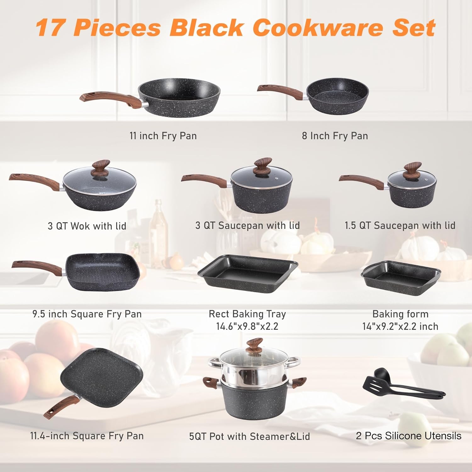 17 Piece Non-Stick Pots and Pans Set, Nonstick Induction Granite Kitchen Cookware Set, Non-Stick Saucepan Set, Black