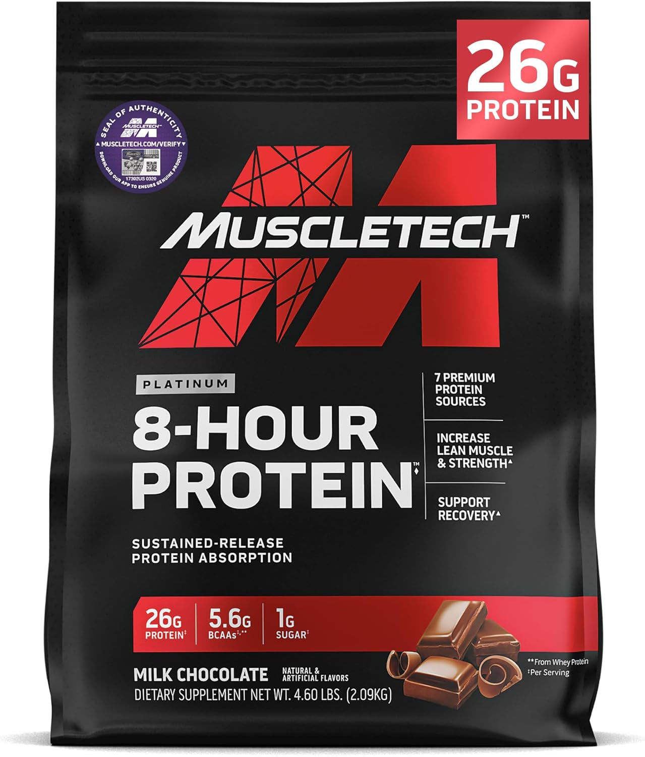 Muscletech Platinum 8-Hour Protein Powder - 7 Premium Protein Sources with Whey & Casein Protein for Increased Lean Muscle, Strength & Improved Recovery - Milk Chocolate, 50 Servings