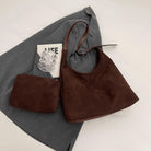 2PCS Brown Suede Bags for Women - Trendy Adjustable Strap Hobo Tote Shoulder Handbag, Fall Winter Faux Suede Purse with Pouch