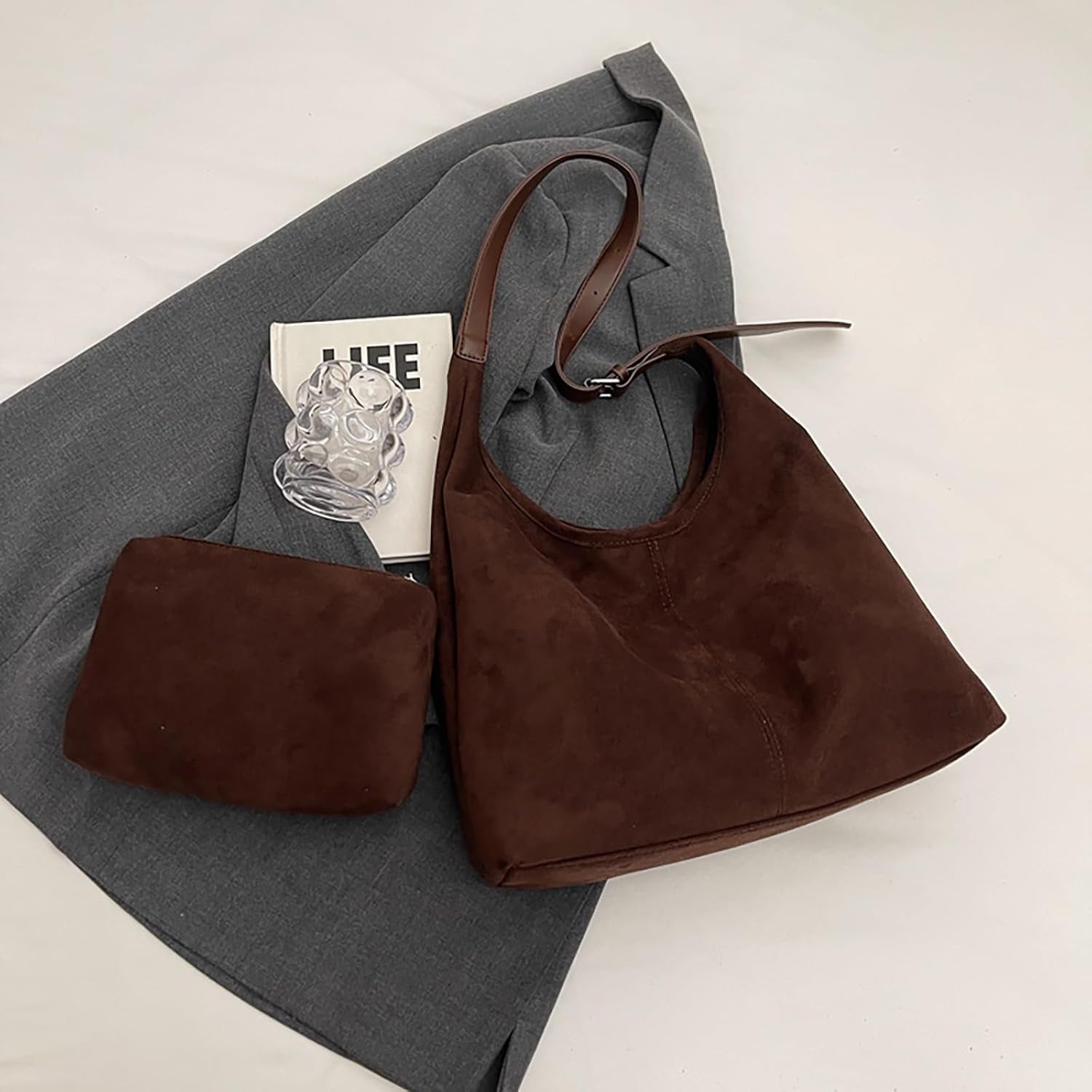 2PCS Brown Suede Bags for Women - Trendy Adjustable Strap Hobo Tote Shoulder Handbag, Fall Winter Faux Suede Purse with Pouch