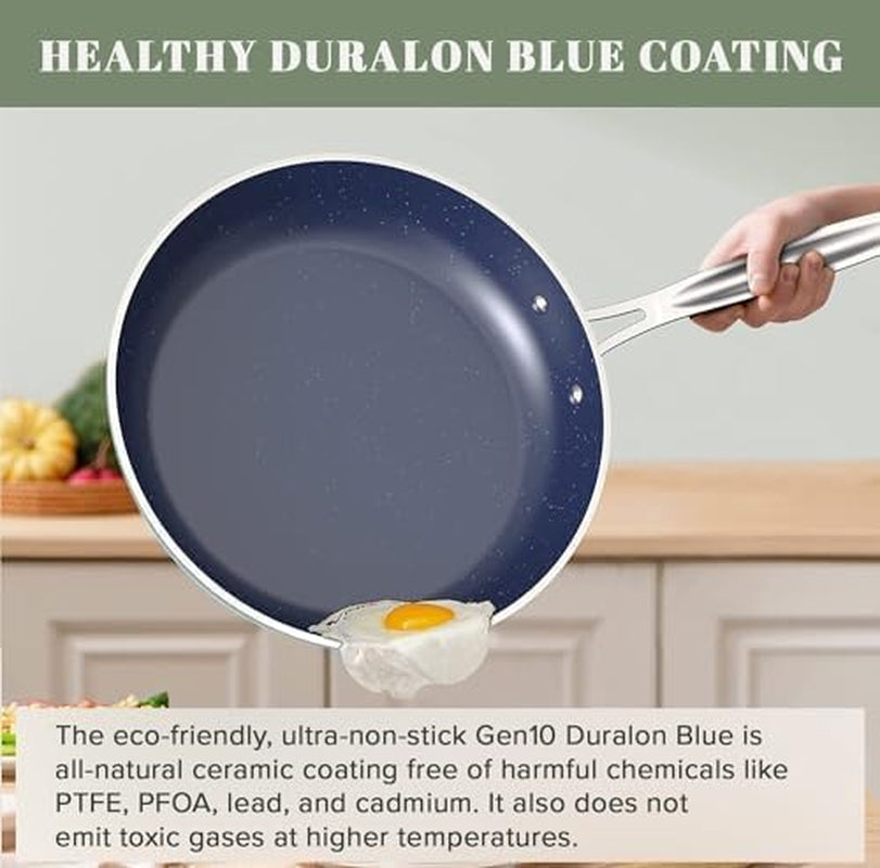 Nuwave 7Pc Cookware Set Healthy Duralon Blue Ceramic Nonstick Coated, Diamond Infused Scratch-Resistant, PFAS Free, Oven Safe, Induction Ready & Evenly Heats, Tempered Glass Lids & Stay-Cool Handle