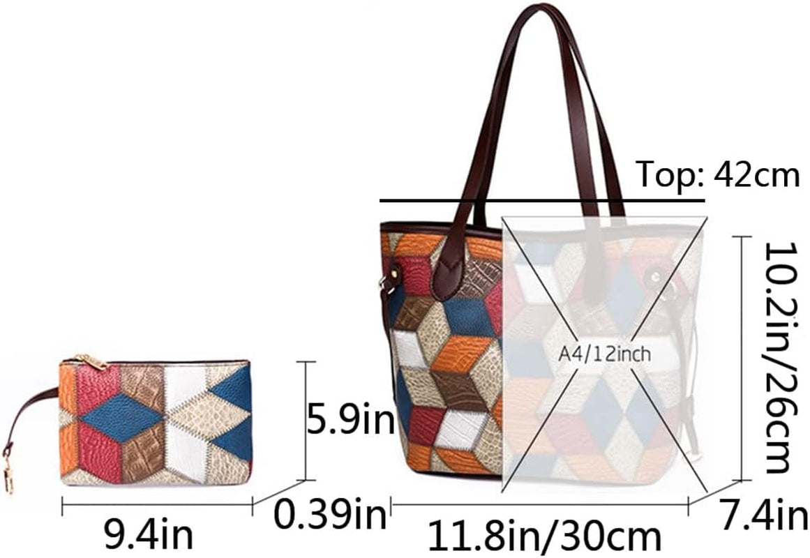 2Pcs Tote Purse and Handbag Set for Women PU Splicing Color Block Shoulder Bags Clutch Wallet